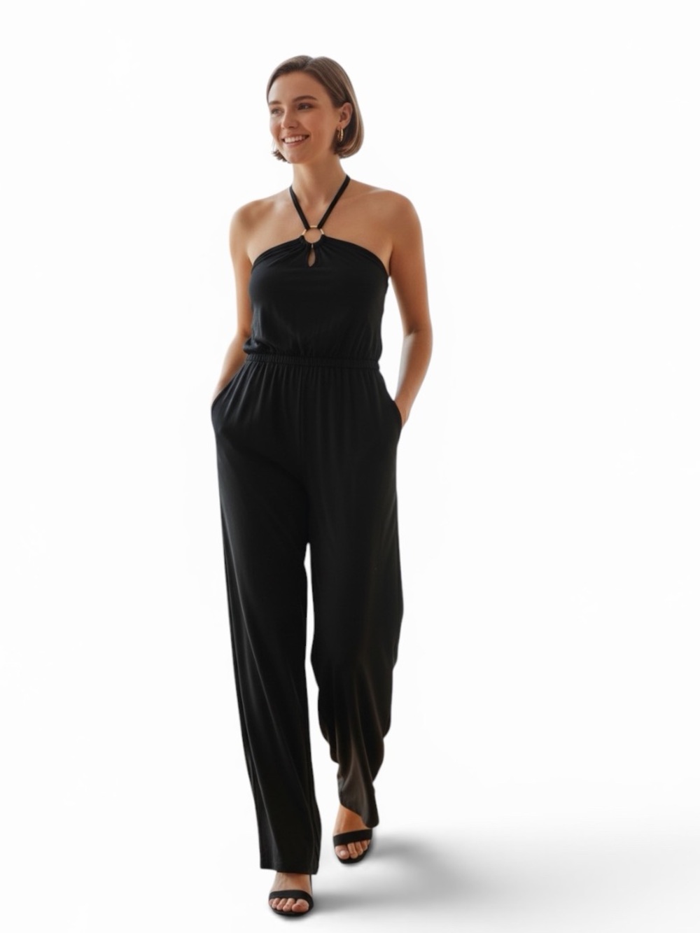 bebe Black Halter-Ring Wide-Leg Jumpsuit with Pockets